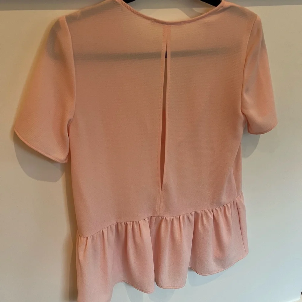 Caramela Pink Peplum Blouse with Sleeves V Neck Open Back Preppy